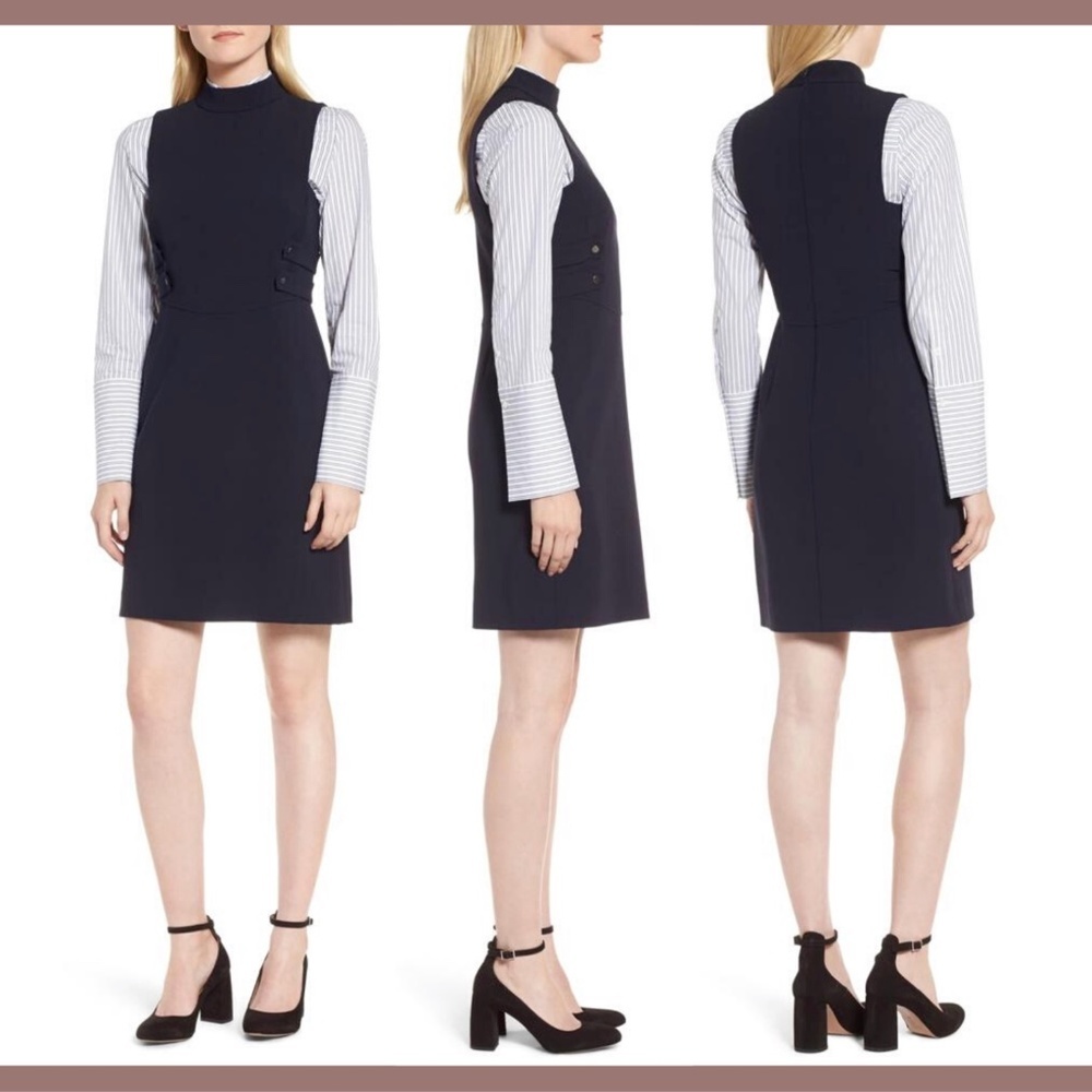 NWT‎ $379 Lewit Mock Neck Military Detail Sheath Dress in Navy Night [SZ 14 ]